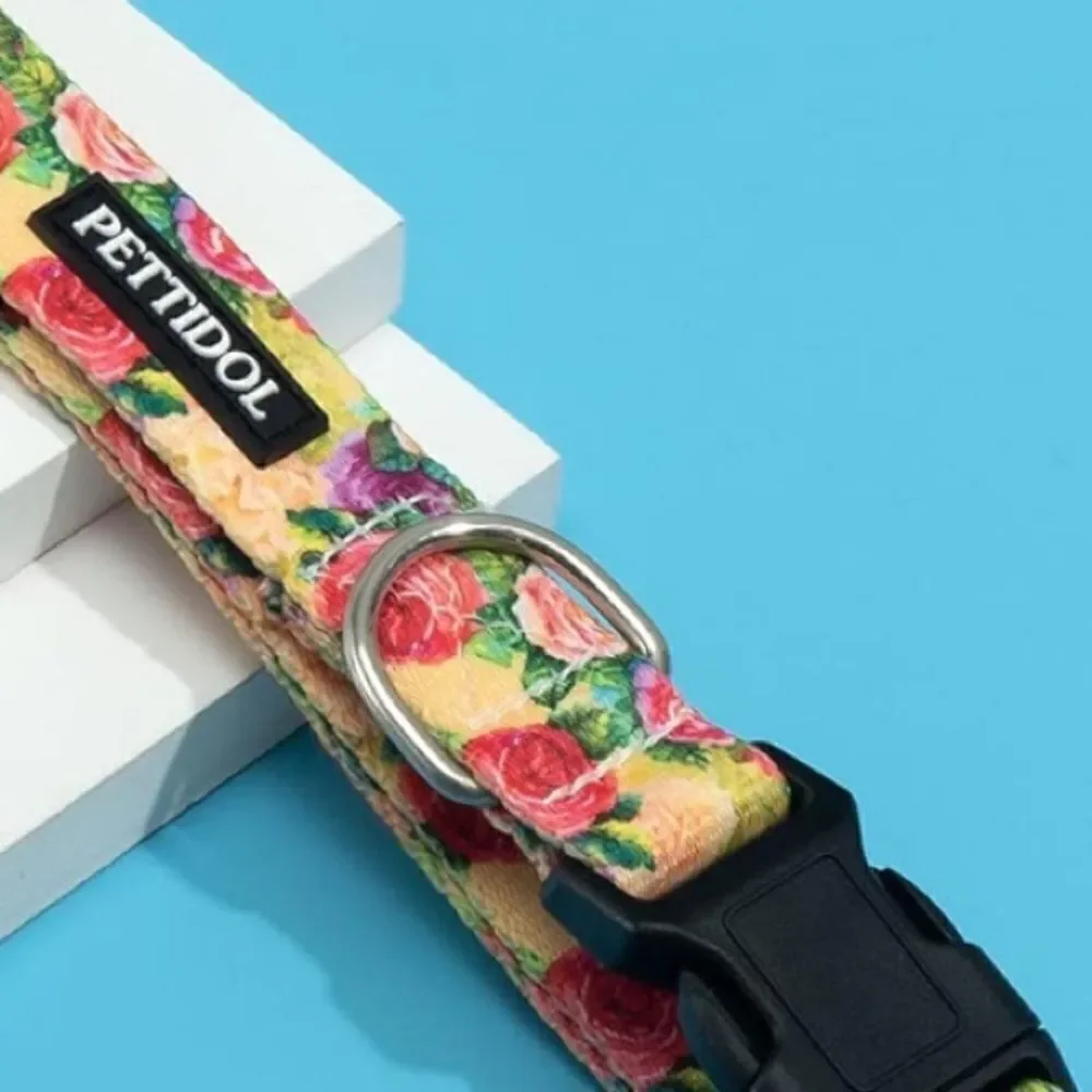 NWOT New Pettidol Dog Pet Collar Quick Release Buckle Yellow/Pink Floral Pattern